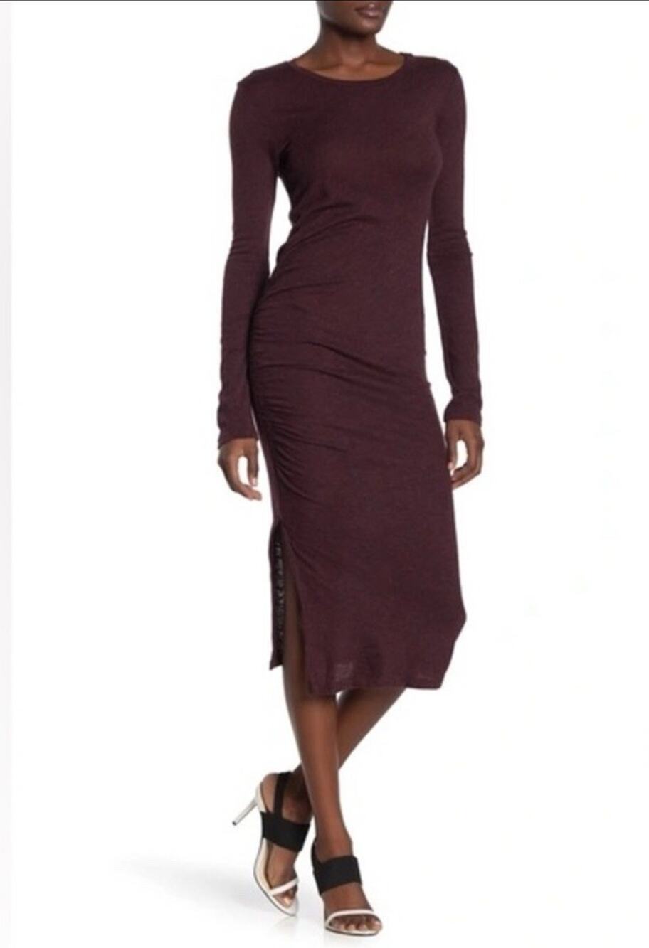 AllSaints Tina Long Slv Knit Maroon Sweater Sheath Dress Bodycon Midi Sz S